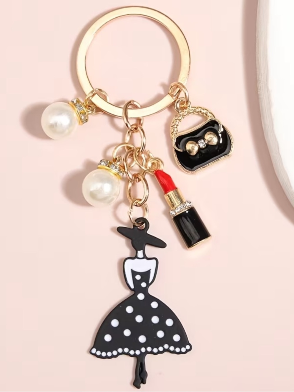 Chic Black Polka Dot Dress Keychain with Pearl & Lipstick Charms
